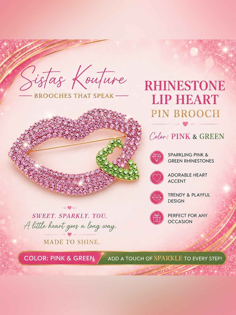 Pink & Green Rhinestone Lip Heart Pin Brooch